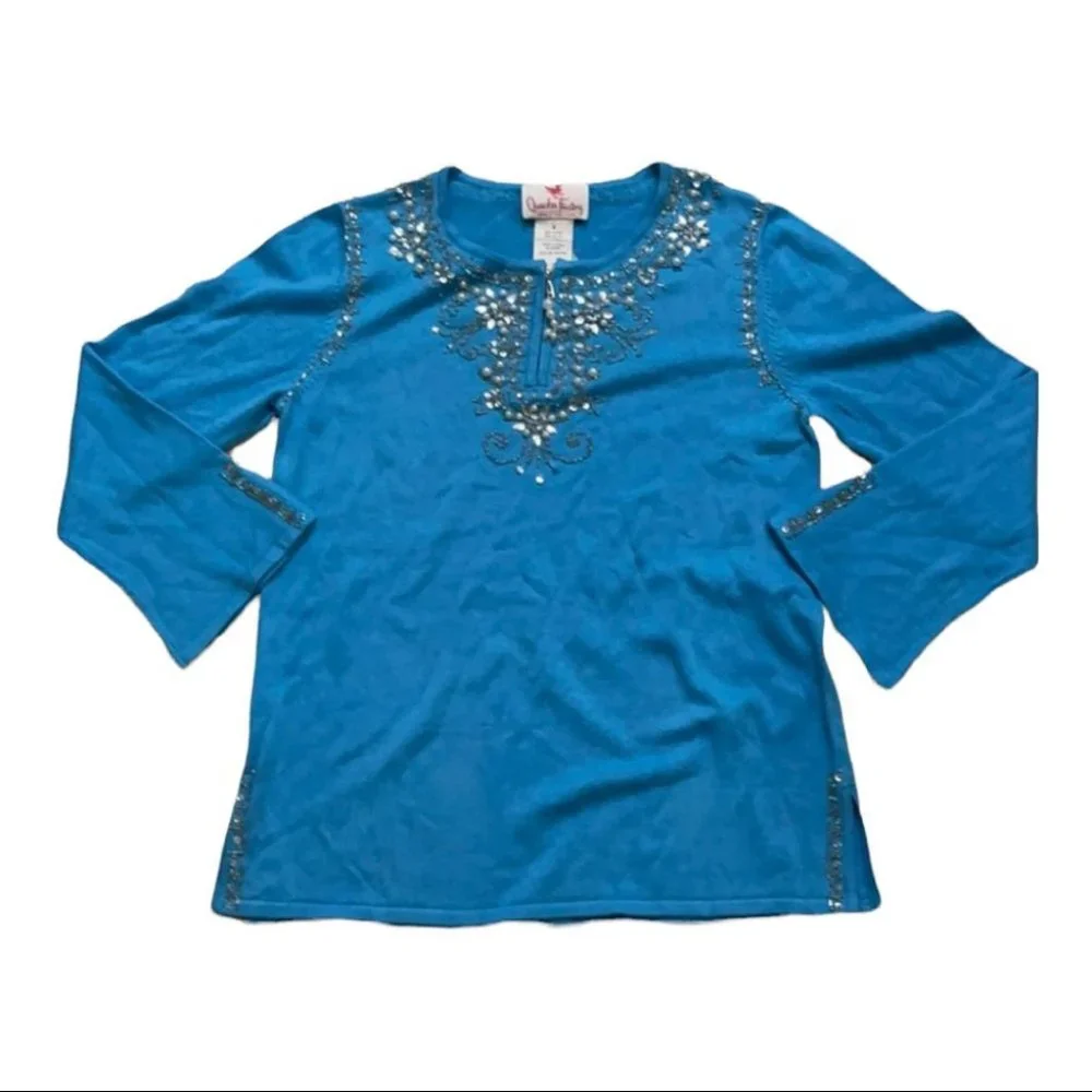 🧿Quacker Factory brand Baby blue Rhinestone embellished fall sweater